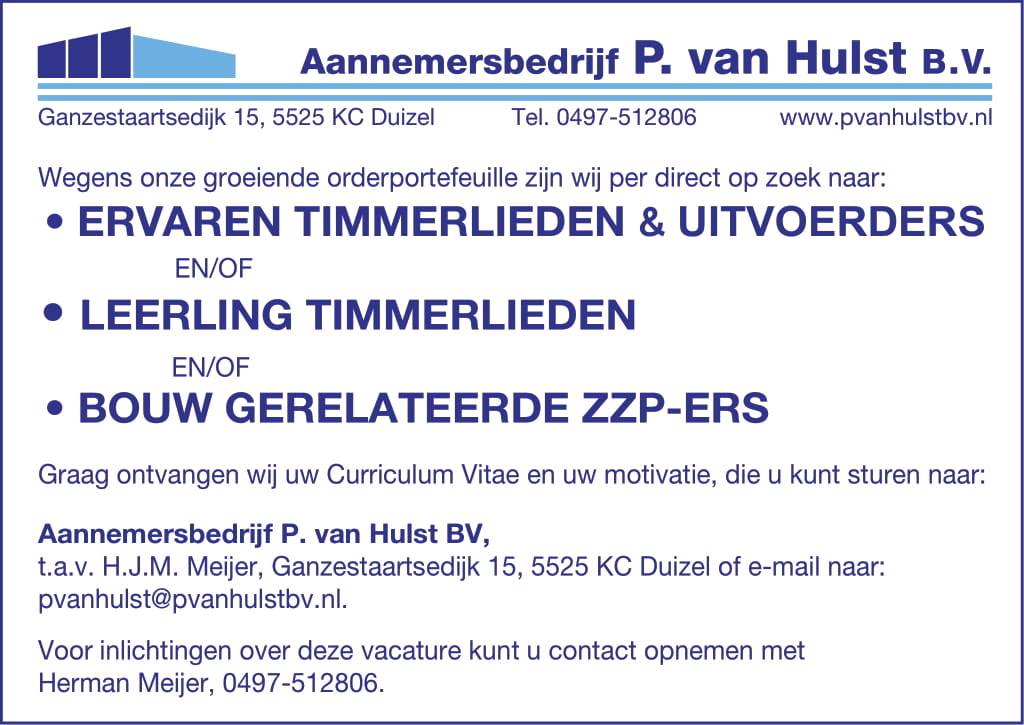 Vacatures Bouw En nnemersbedrijf P Van Hulst Duizel