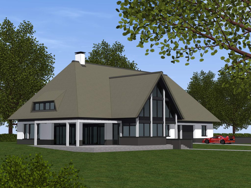 Modern huis met grasveld en sportauto.