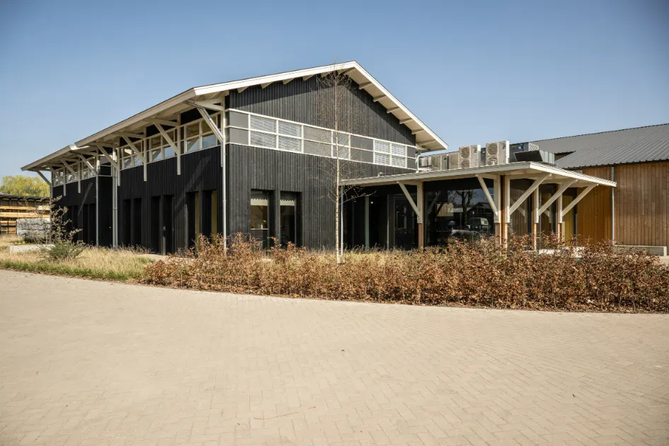 Modern houten gebouw met planten en blauwe lucht